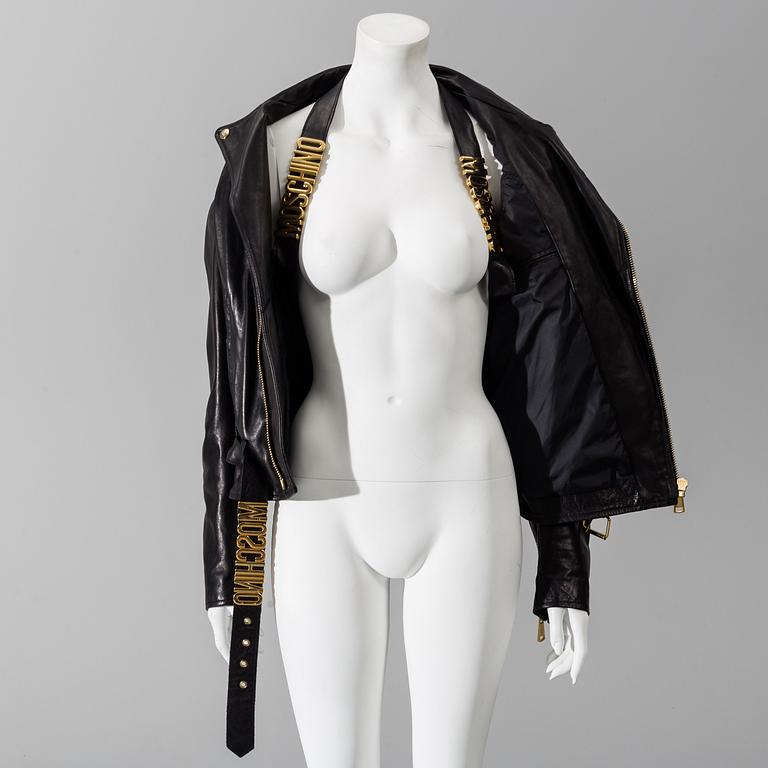 MOSCHINO, a black leather jacket, Italian size 48.