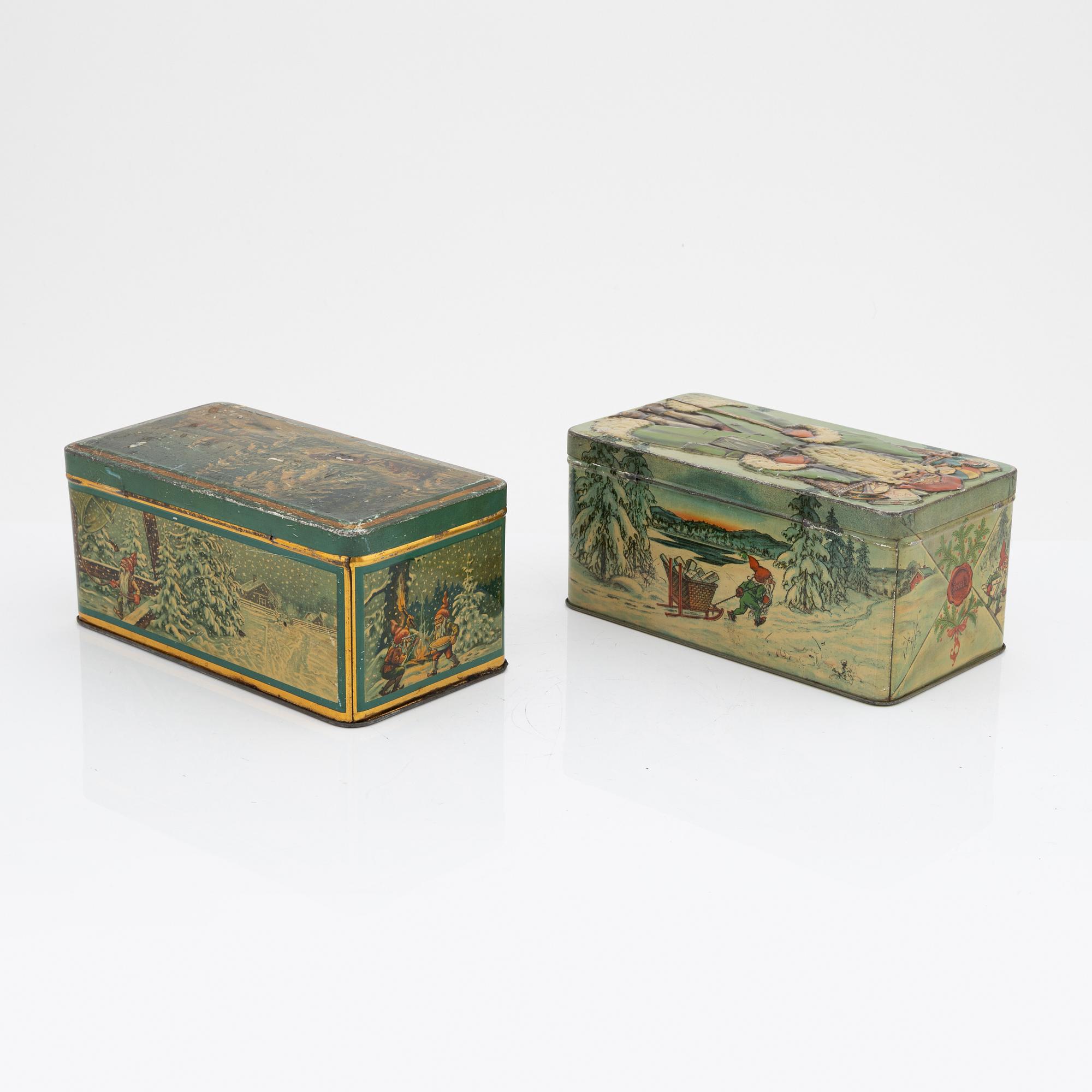 Two christmas tin coffee boxes, Gevalia, Sweden, 1930's.