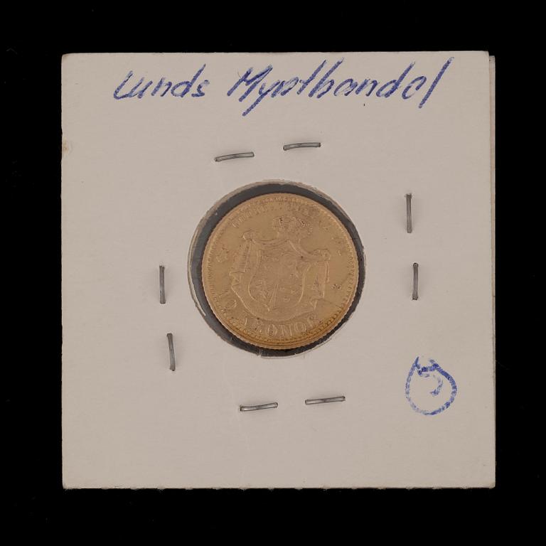 GULDMYNT, 10 kronor, Oscar II, 1874. Vikt ca 4,5 gram.