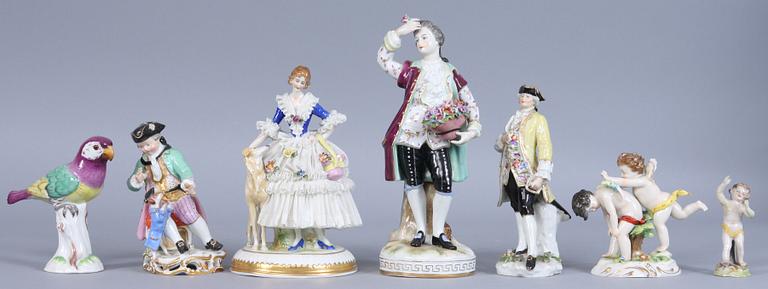 FIGURINER, 7 st, porslin, bl a Meissen.