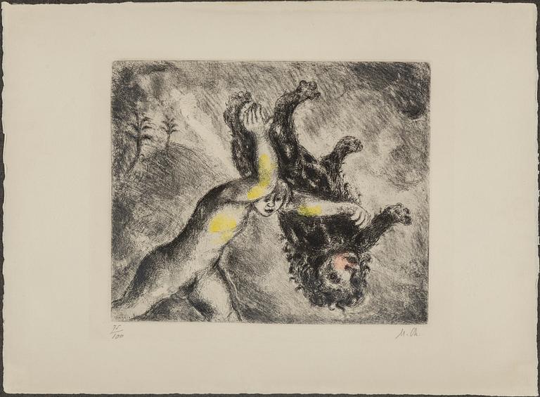 MARC CHAGALL, Etching with hand coloring, 1931-39,  signed and numbered 75/100.