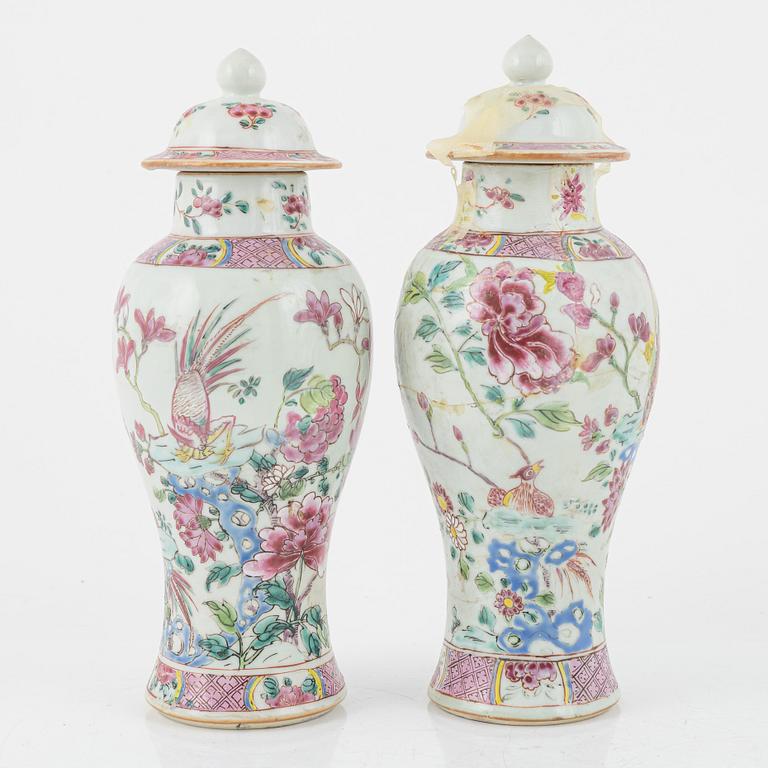 A set of three famille rose vases with covers and a bottle, Qing dynasty, Qianlong (1736-95).