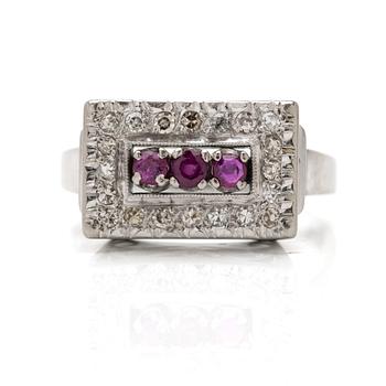 18K white gold ring with diamonds and rubies, Joh. Petterssons Stockholm 1957.