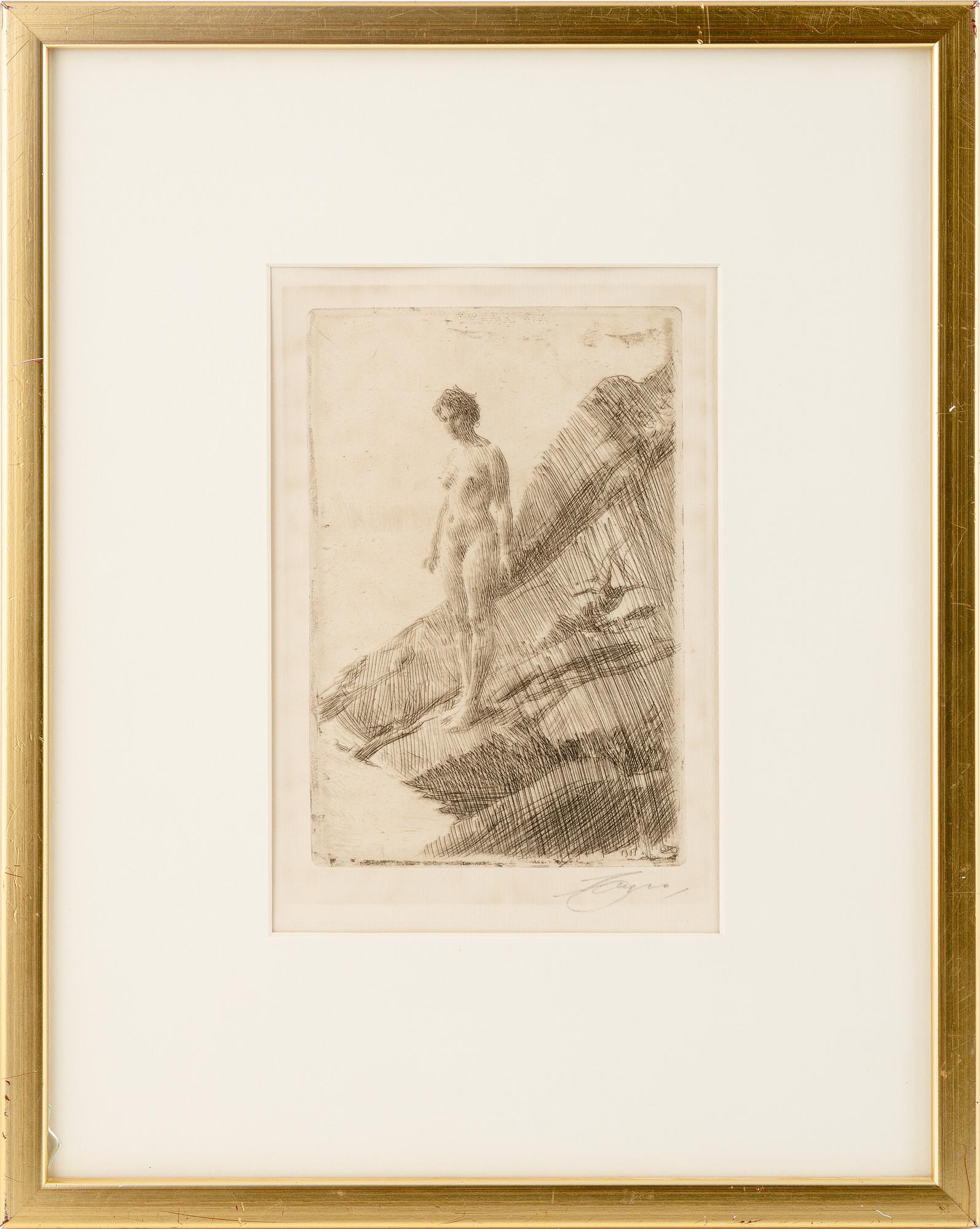 Anders Zorn, etsning, 1907, signerad med blyerts.