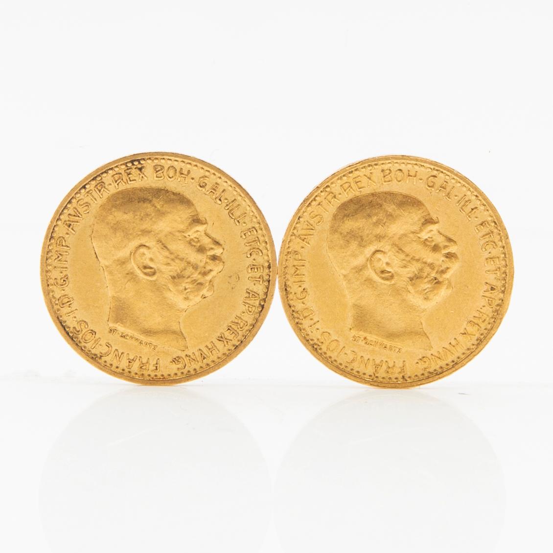 Gold coins, 2 pcs, 10 francs, 1911, Austria, Emperor Franz Joseph I.