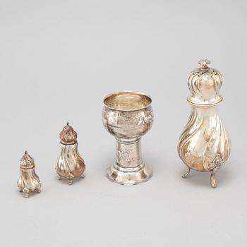 Three silver shakers and chalice, K. Anderson and import marks, first half of the 20th century.
