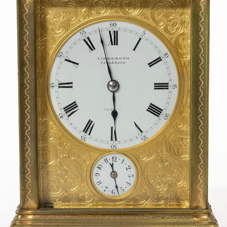 A gilt bronze carriage clock of French manufacture, the dial mark Linderoth, Stockholm, late 19th century/circa 1900.