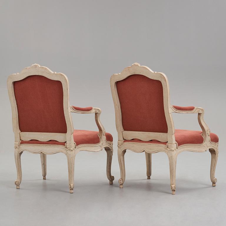 A Rococo 18th century armchair in the manner of Olof Höglander (master in Stockholm 1750-65). One later copy included.