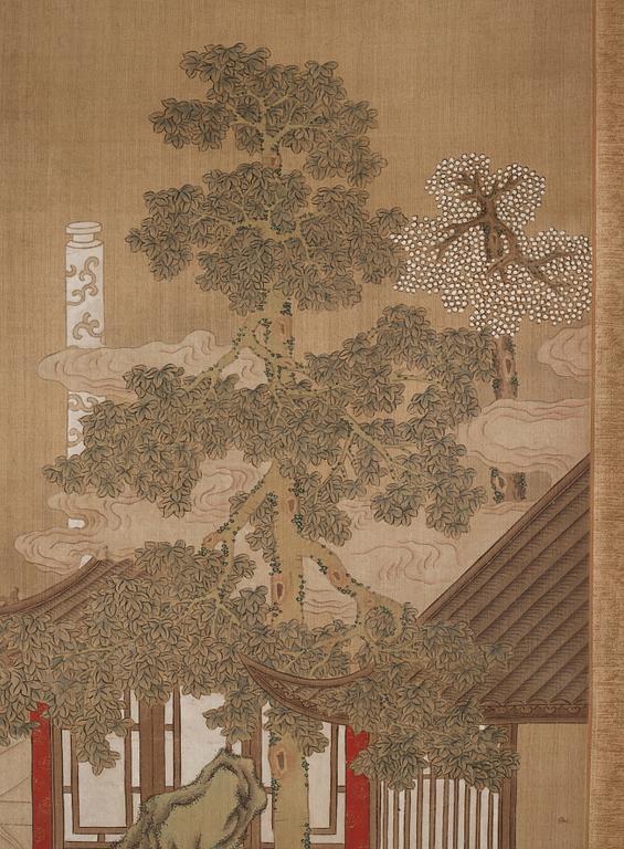 A Chinese scroll painting, ink and colour on paper, Qing dynasty, 19th Century.