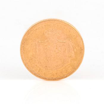 GULDMYNT, 20 kronor, Oscar II av Sverige och Norge 1876. Vikt ca 9 gram.