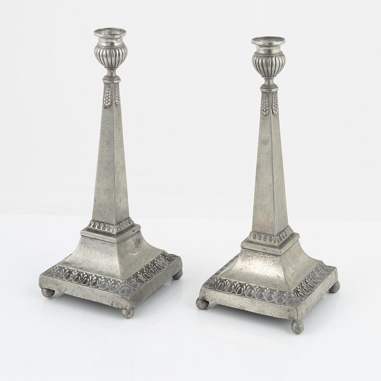 A pair of late Gustavian pewter candlesticks, mark of Magnus Bergman, Malmö 1809.
