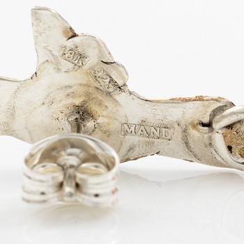 Earrings, silver, 18K gold and enamel in the form of a hummingbird with pink opal, Mandelstam.