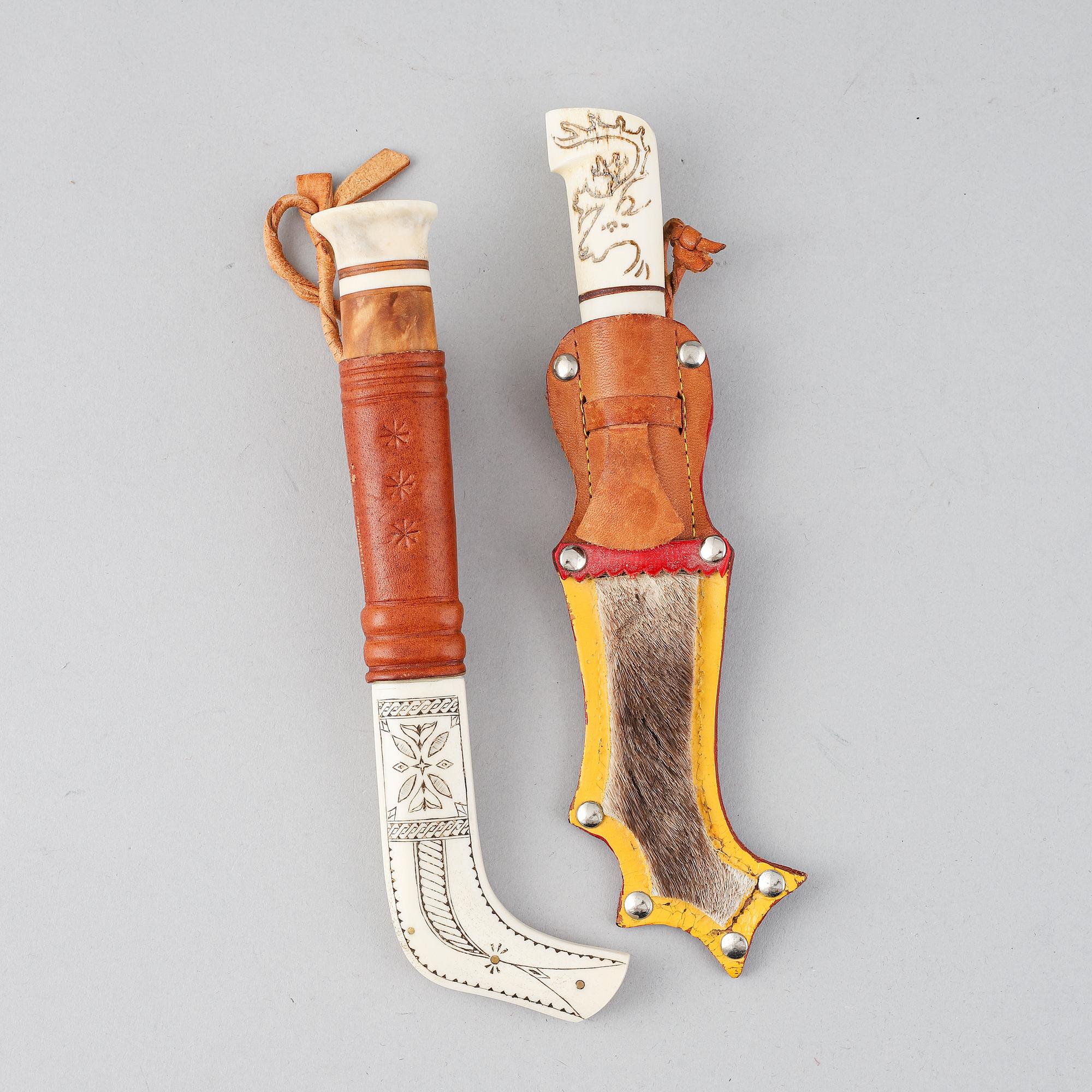 Valter Ranestål, a Sami reindeer horn knife, signed, and a Sami reindeer horn knife, not signed.