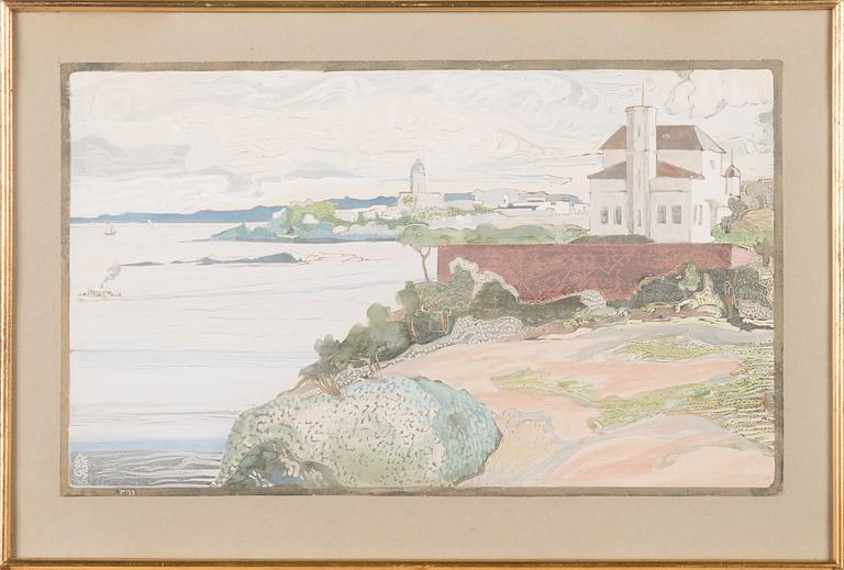 Aleksanteri Ahola-valo, linoleum cut and gouache, monogram signed.