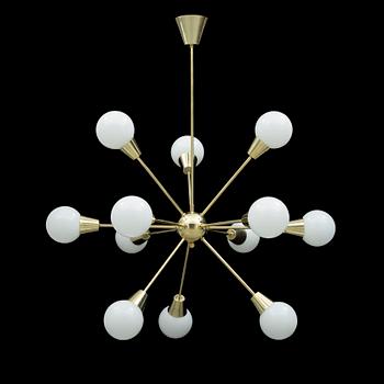 A 20th century "Sputnik model" brass ceiling light. Total height ca 108 cm.