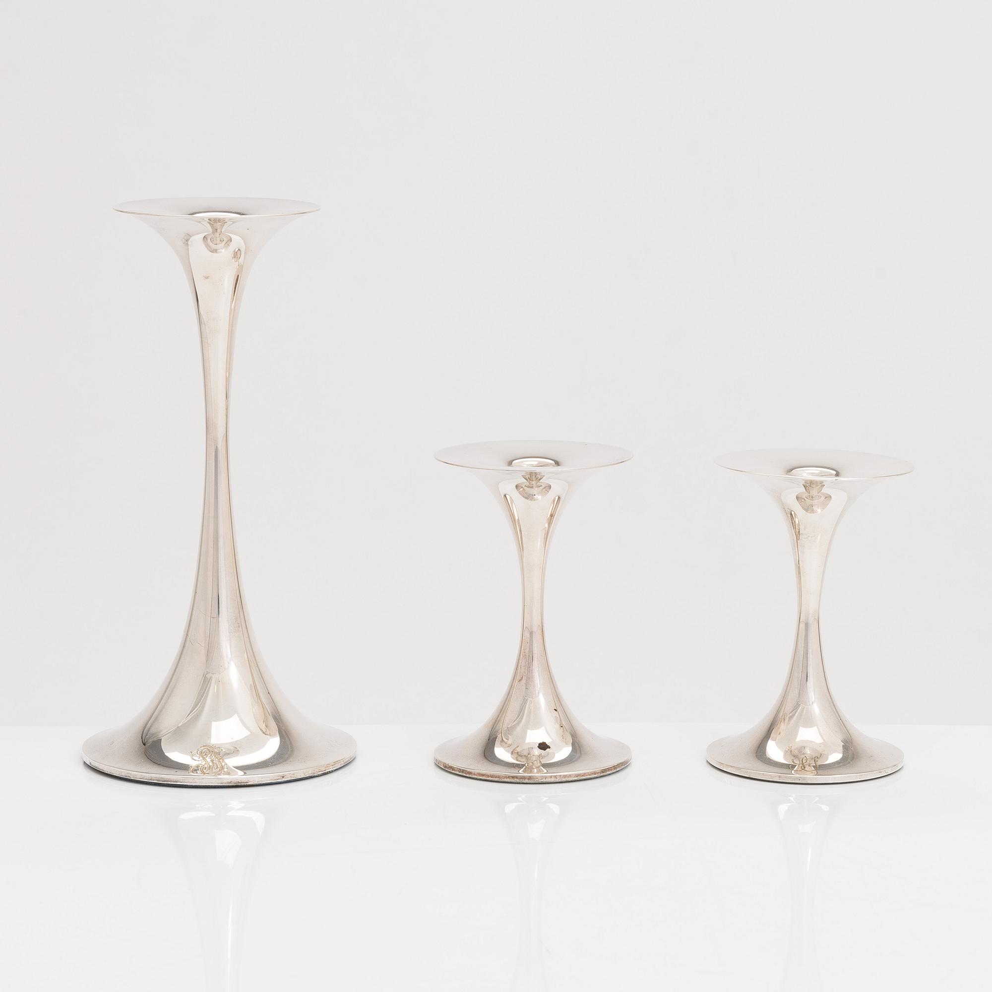 Tapio Wirkkala, three 'Trumpetti' silver candlesticks, Kultakeskus, Hämeenlinna 1994-97.