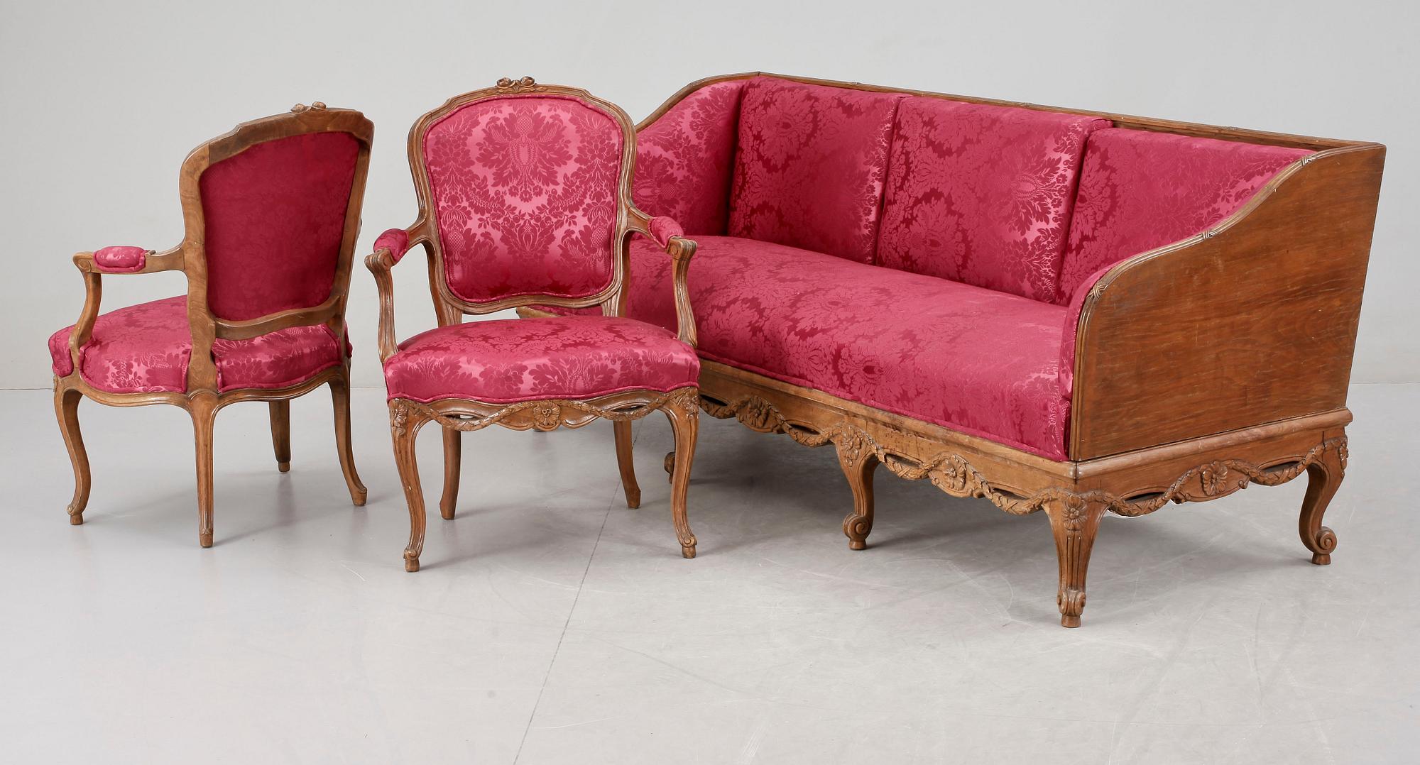 SOFFGRUPP, 3 delar, rokokostil, 1900-talets början.