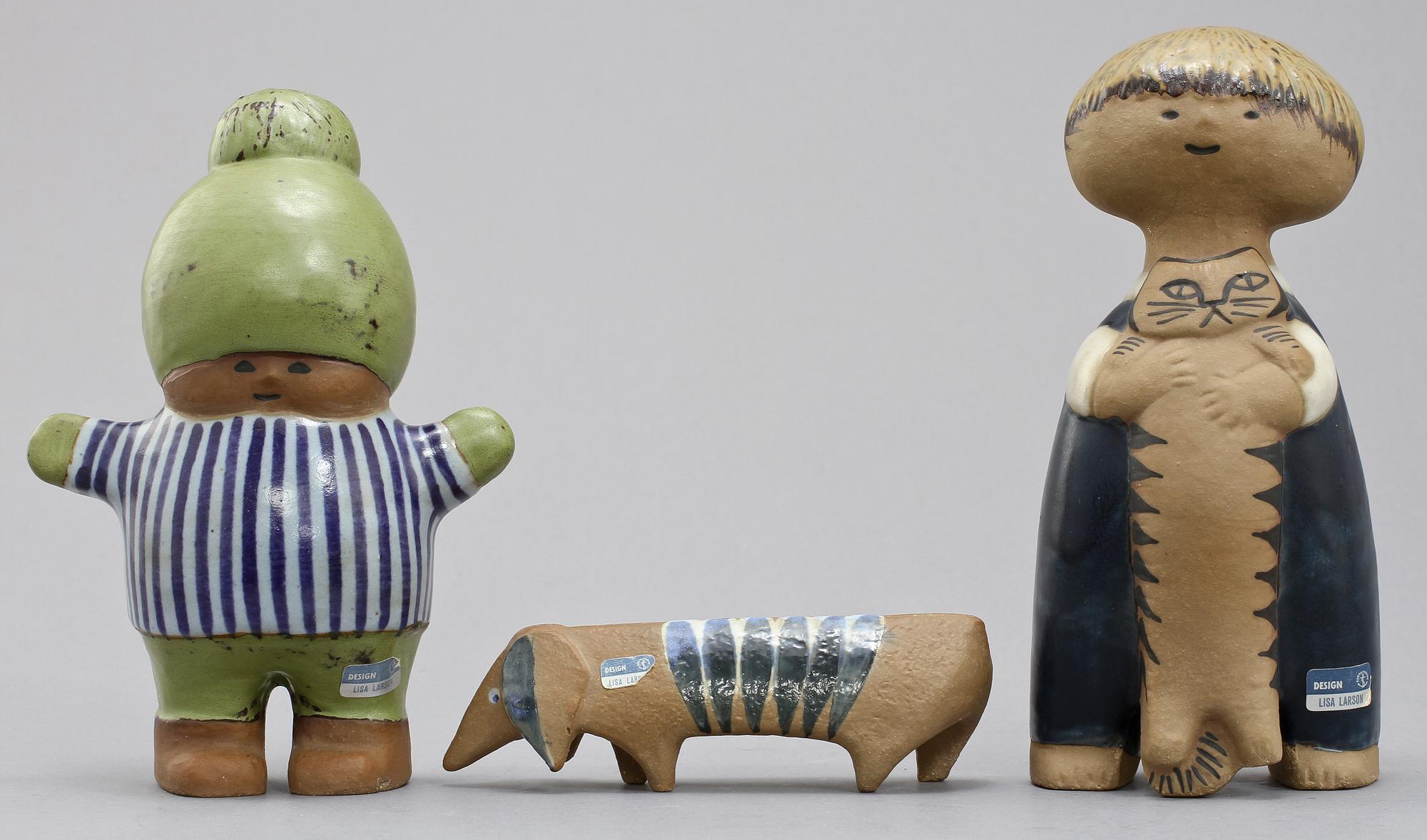 FIGURINER, 3 st, stengods, Lisa Larson, Gustavsberg, 1900-tal.