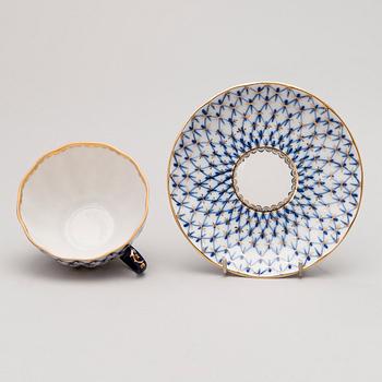 A 7-piece 'Cobalt Net' tea set in porcelain from Lomonosov, USSR.