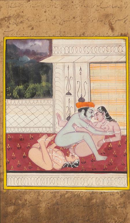 Unidentified artist, Erotic scenes in interior and landscape, India, 20th century. Two pieces.