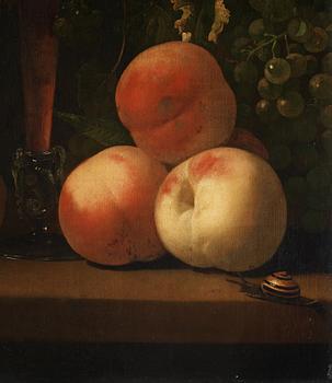 Abraham Pietersz. van Calraet, Still life with glass, peaches, butterflies and a snail.