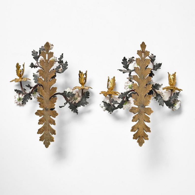 A pair of French Louis XV-style gilt bronze and porcelain two-branch appliques, 19th century.