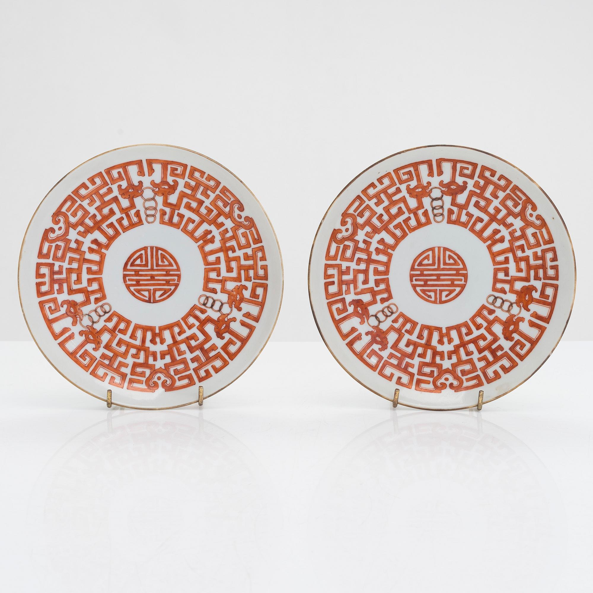 Tallrikar, 6 st, porslin, sen Qingdynasti, Kina kring 1900.