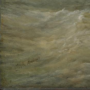 James Edwin Meadows, Sailing boats in rough weather by the coast with a lighthouse.
