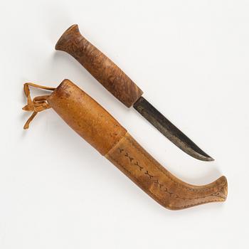 A burr birch and leather knife, unidentified signature.