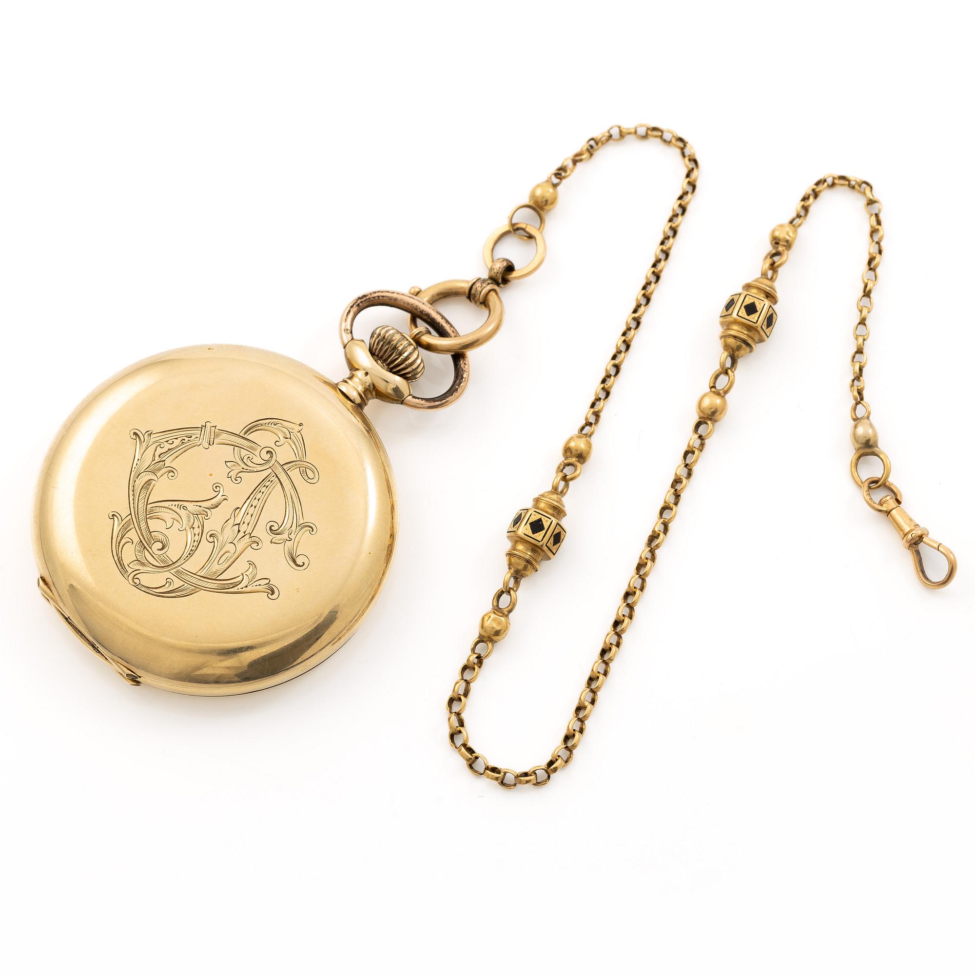 Pocket watch, Alpina, 14K gold, hunter, chain in 18K gold.