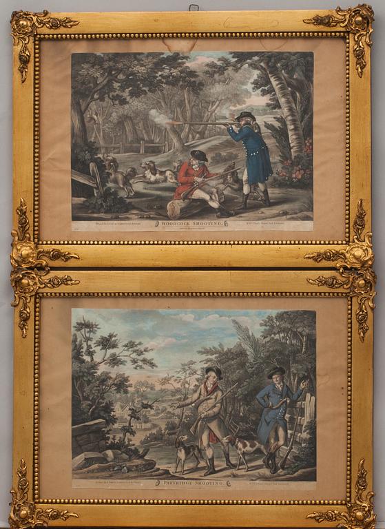 CARINGTON BOWLES, utgivna av, gravyrer, två st, handkolorerade, 1700-talets slut.