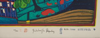 FRIEDENSREICH HUNDERTWASSER, färgserigrafi med metallprägling, signerad och numrerad 41/300 samt 404/3000.