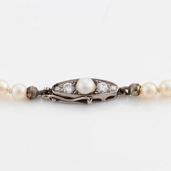 Pearl necklace, with graduated cultured pearls, clasp in gold set with brilliant-cut diamonds and a pearl.