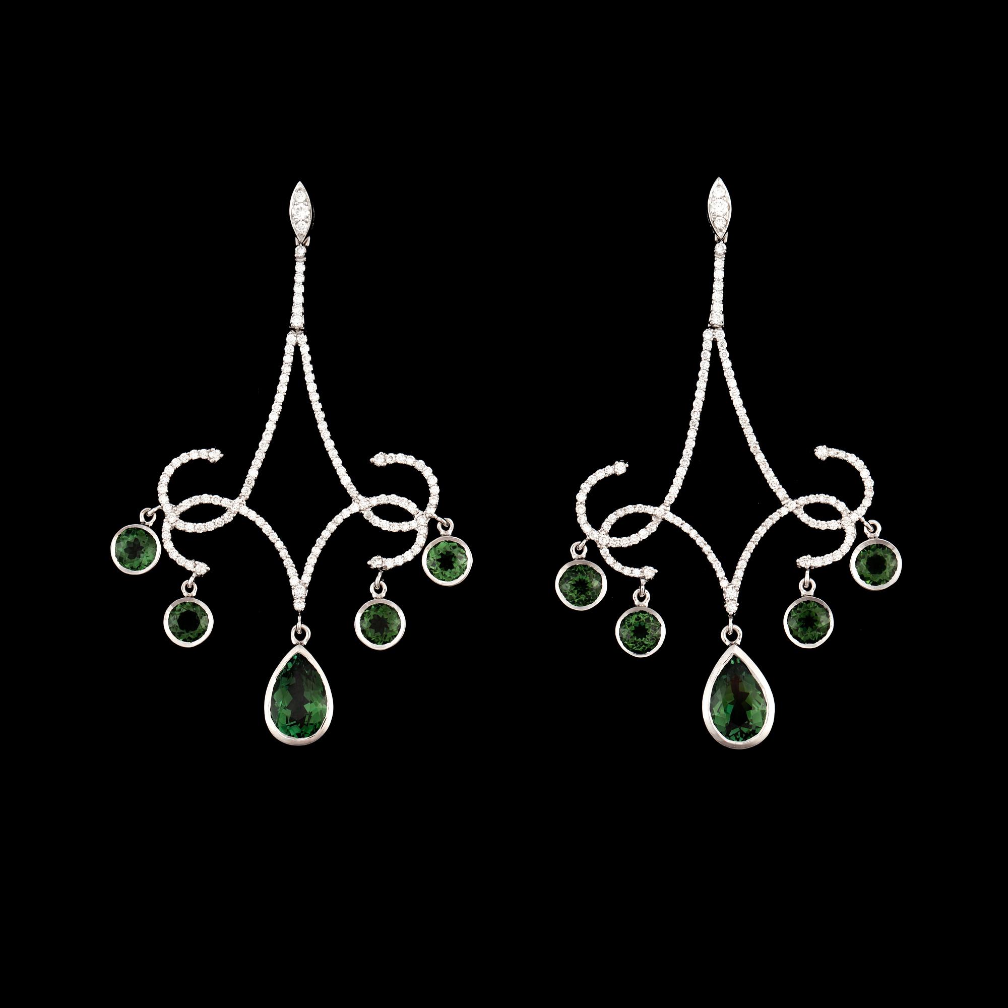 A pair of tourmaline and diamond earrings. Tourmalines 5.81 cts in total. Diamonds 1.18 cts in total.