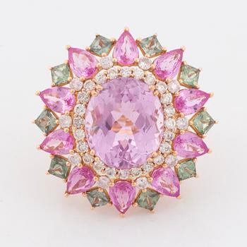 Kunzite, pink and green sapphire and brilliant  cut diamond cocktail ring.