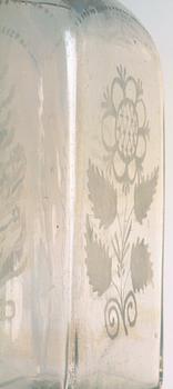 BRÄNNVINSFLASKOR, 2 st samt GLAS, 4+1 st. 1800-tal.