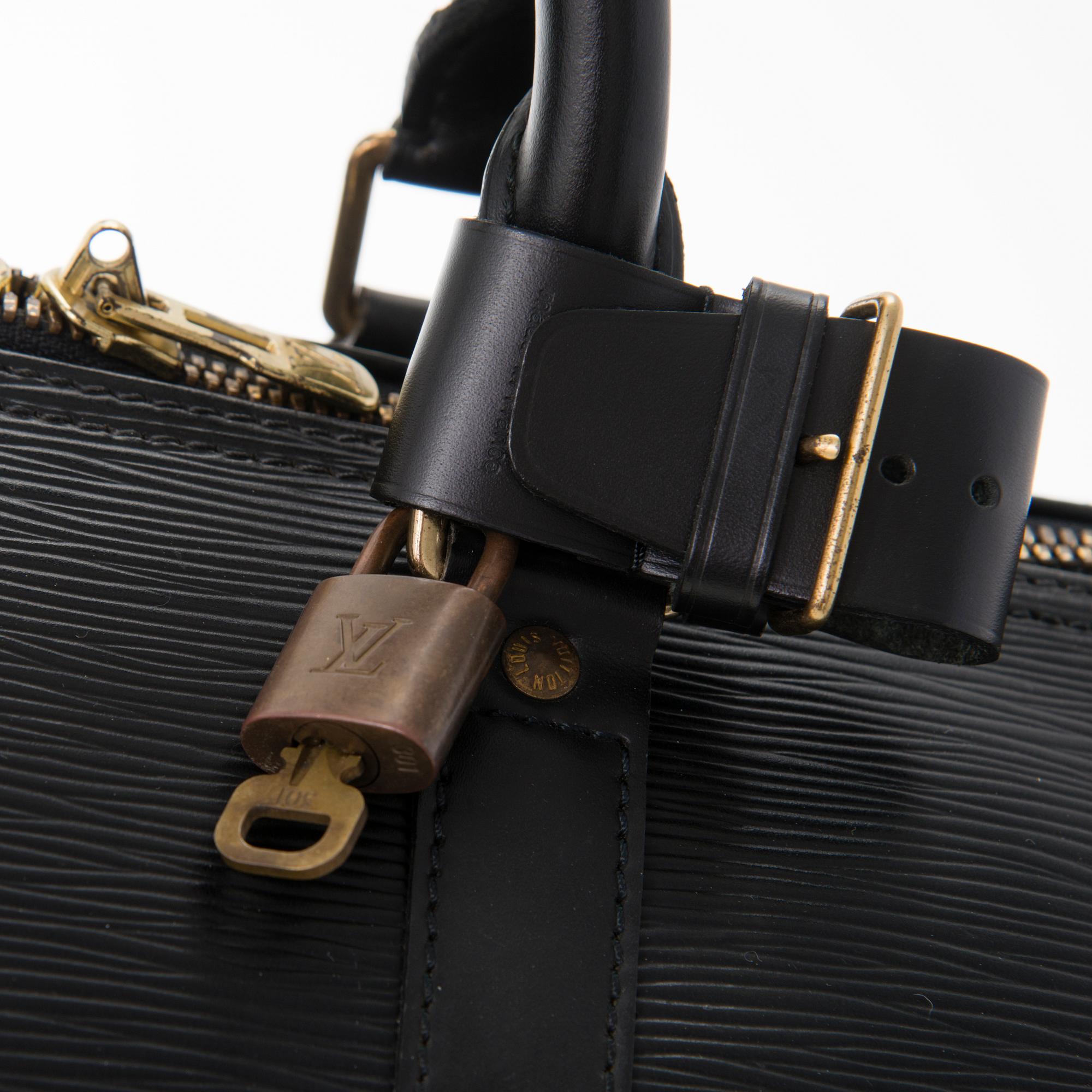 LOUIS VUITTON, BLACK EPI LEATHER KEEPALL 55 TRAVEL BAG.