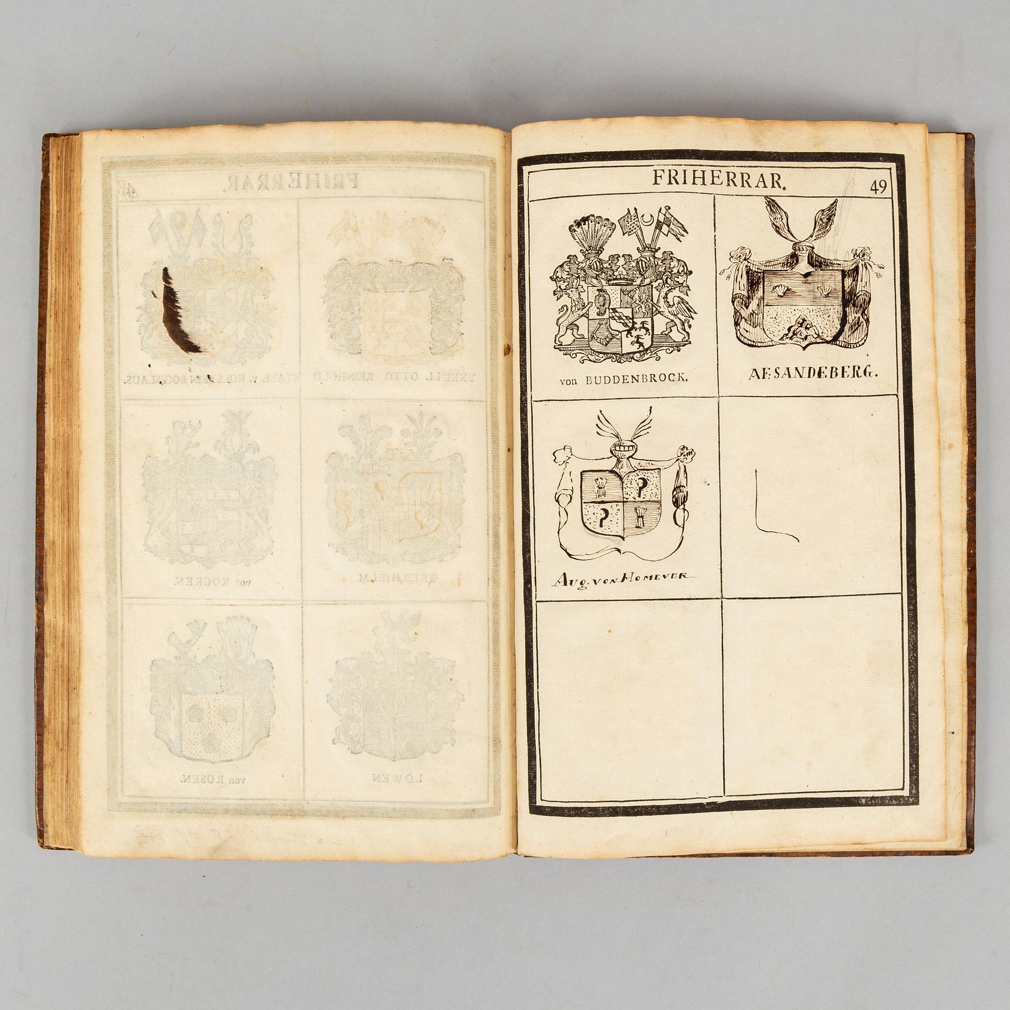 Med hundratals adelsvapen i träsnitt, 1734.