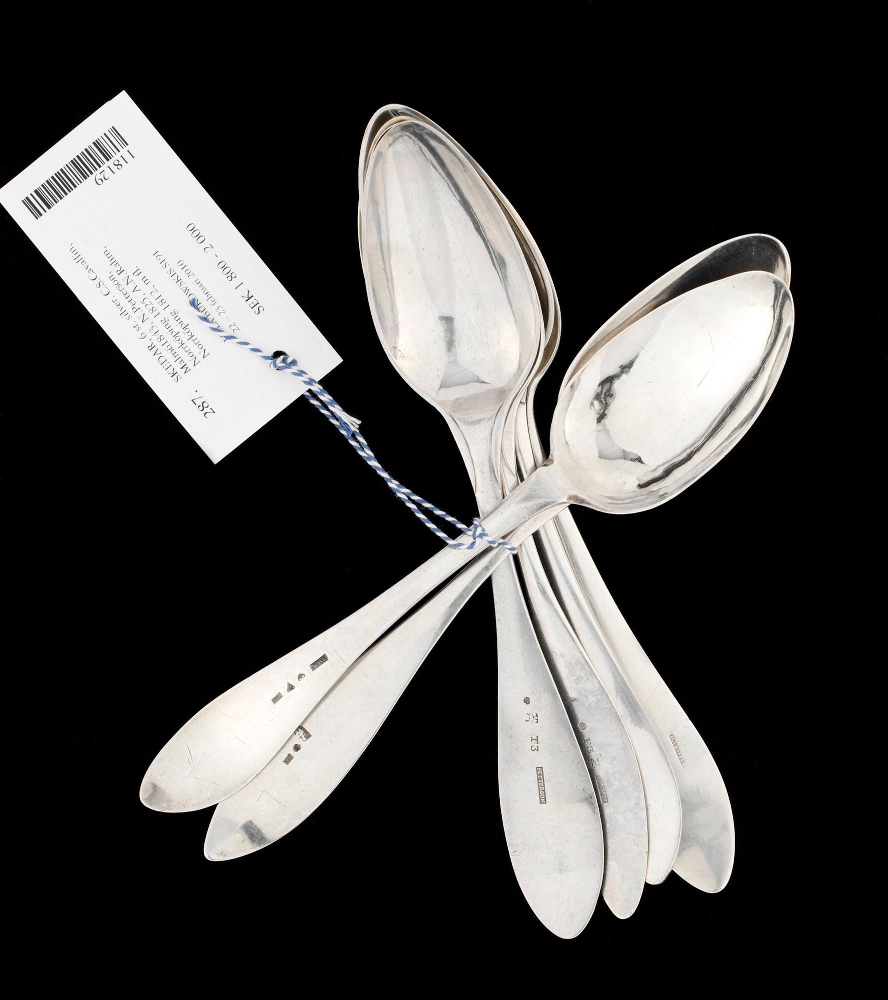 SKEDAR, 6 st. silver. C.S.Cavallin, Malmö1843, N.Petterson, Norrköping 1825, A.N.Rahm, Norrköping 1812, m fl.