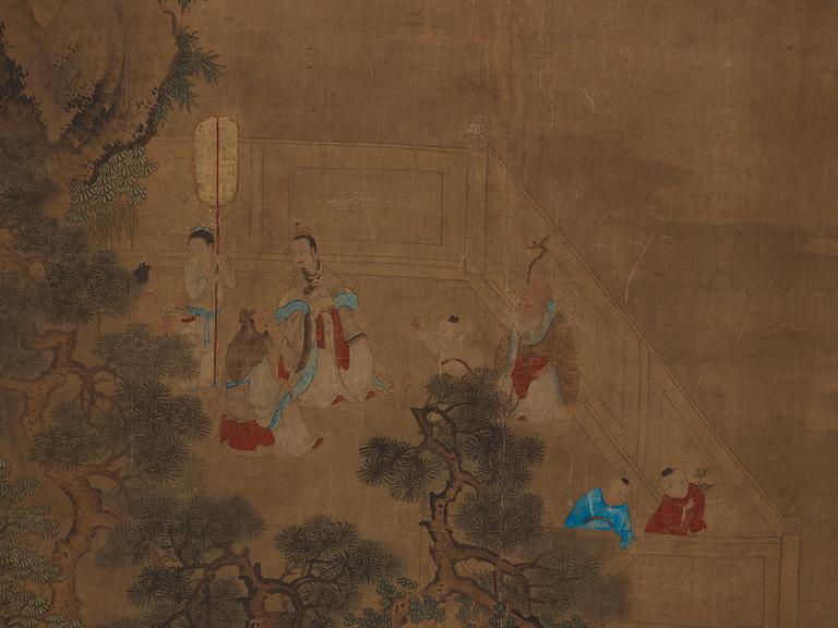 A hanging scroll of a landscape with figures, in the style of the Tang artist Zhu Niching, Qing dynasty, 19th century.