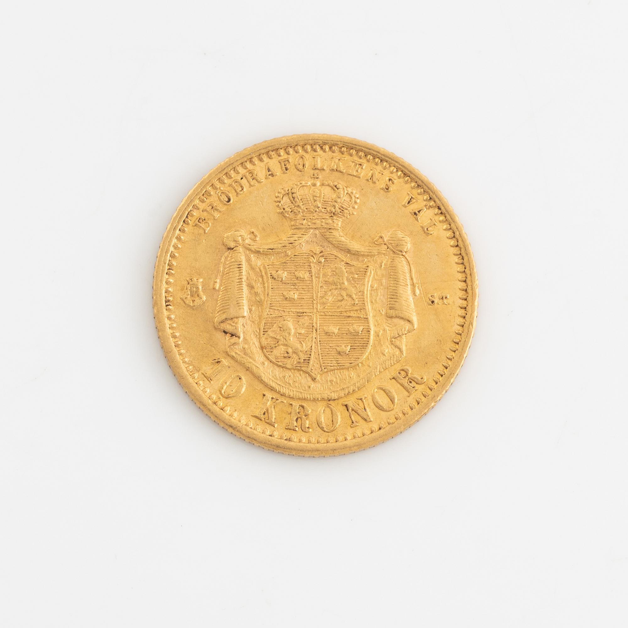 Oscar II, guldmynt, 10 kronor, 1874.