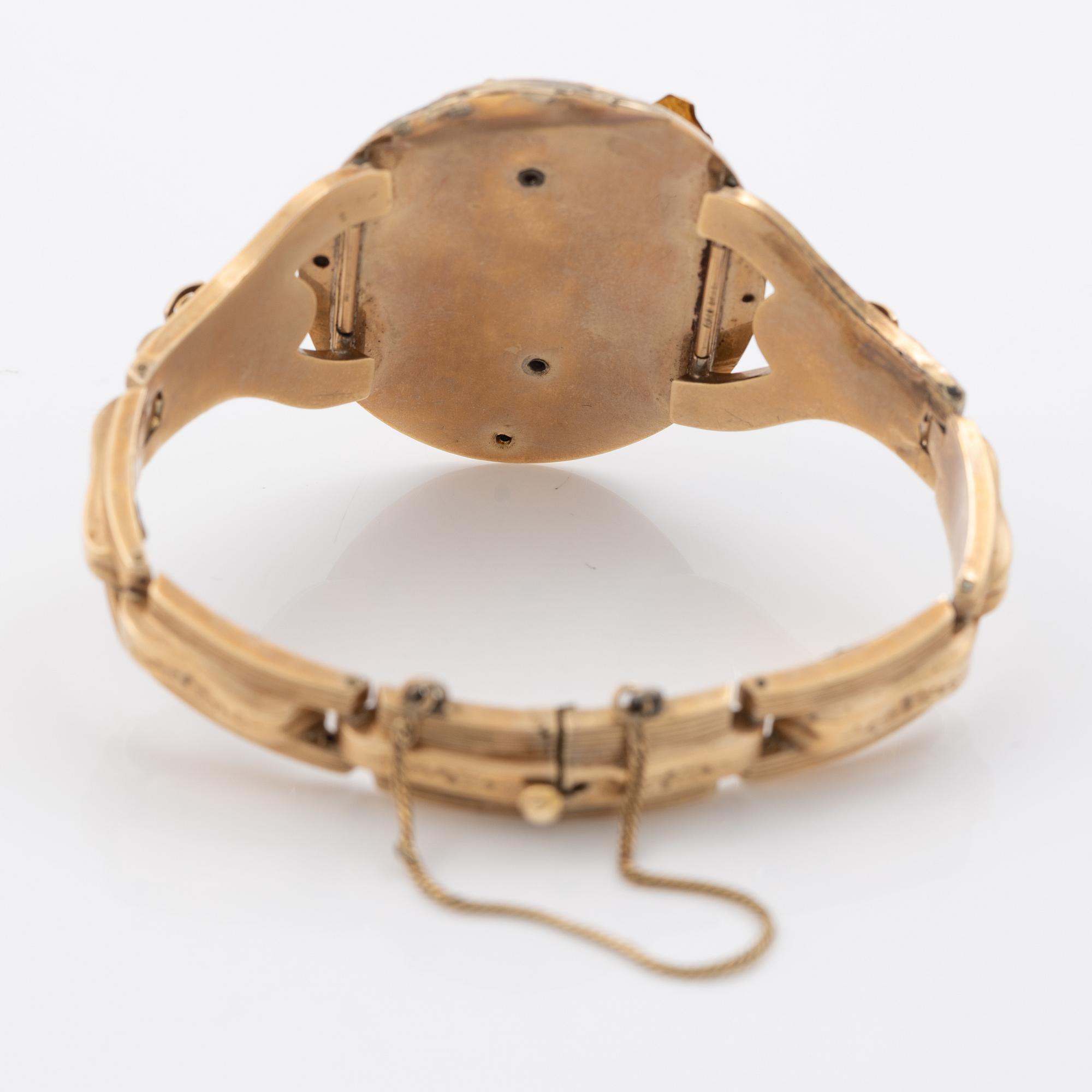 Bracelet, 14K gold with purple glass stone and seed pearl, 19th century,
