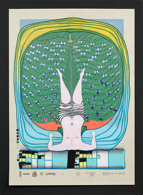 FRIEDENSREICH HUNDERTWASSER, färgserigrafi med metallprägling, stämpelsignerad och numrerad 30696/4200.