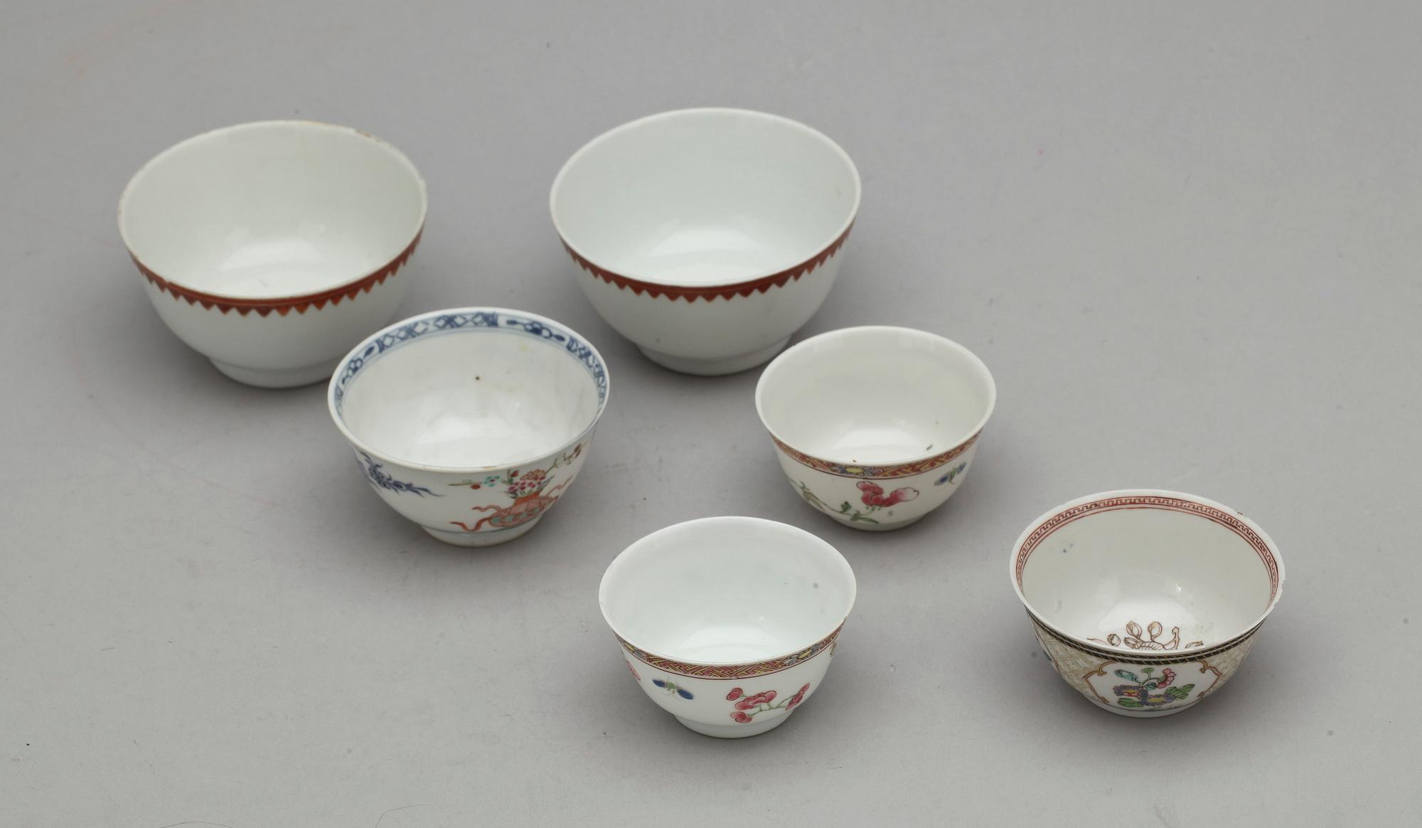 KOPPAR 6 st, FAT 3 st, porslin, Kina, 1700-tal.