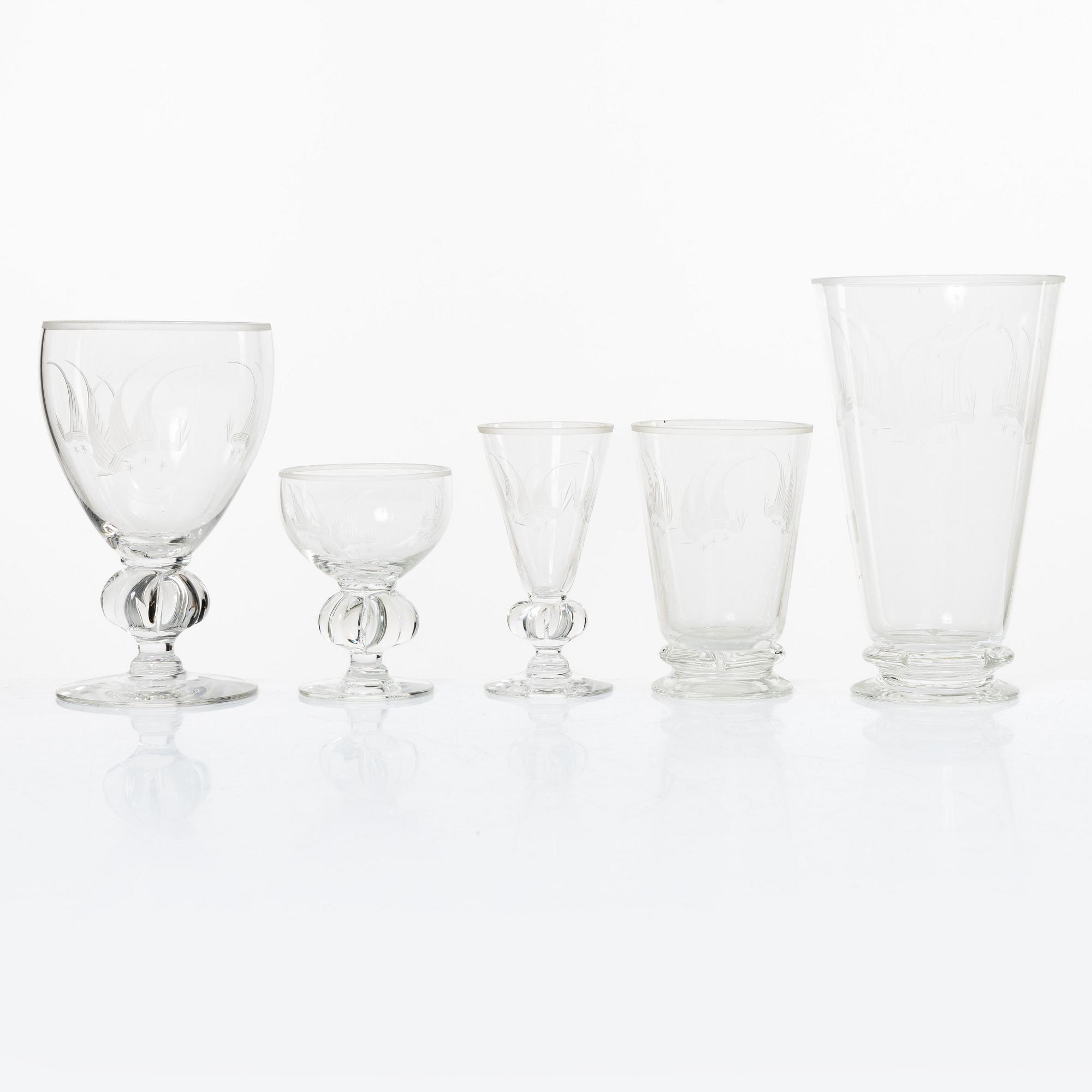 Gunnar Gruno Håkansson, glasservis, 45 delar, "Uarda skeppet", Johansfors Glasbruk.