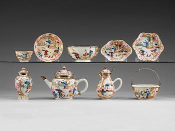 A 12 piece famille rose tea service, with later Dutch Silver mounts, Qing dynasty, Qianlong (1736-95).