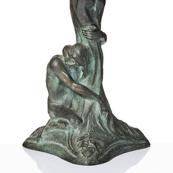 Alice Nordin, an Art Nouveau patinated bronze table lamp "Night and Morning", Herman Bergman's foundry, Stockholm, early 1900s.
