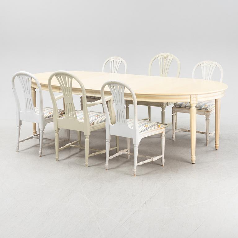 A seven-piece dining group, similar models, Gustavian style, second half of the 20th century.