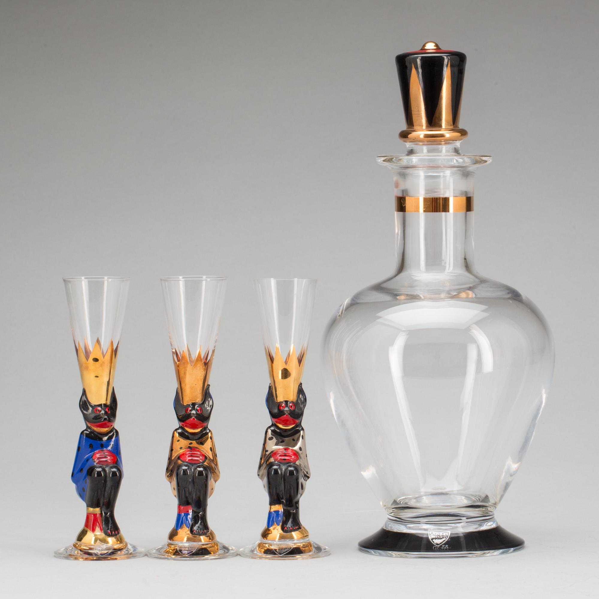 SNAPSGLAS OCH KARAFF, 3 st, glas, design Gunnar Cyrén, ur Nobelservisen. Orrefors.