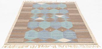 Matta, "Blått stim" rölakan, signerad KJ KH (Karin Jönsson, Klockargårdens Hemslöjd Tällberg) 230 x 154 cm.